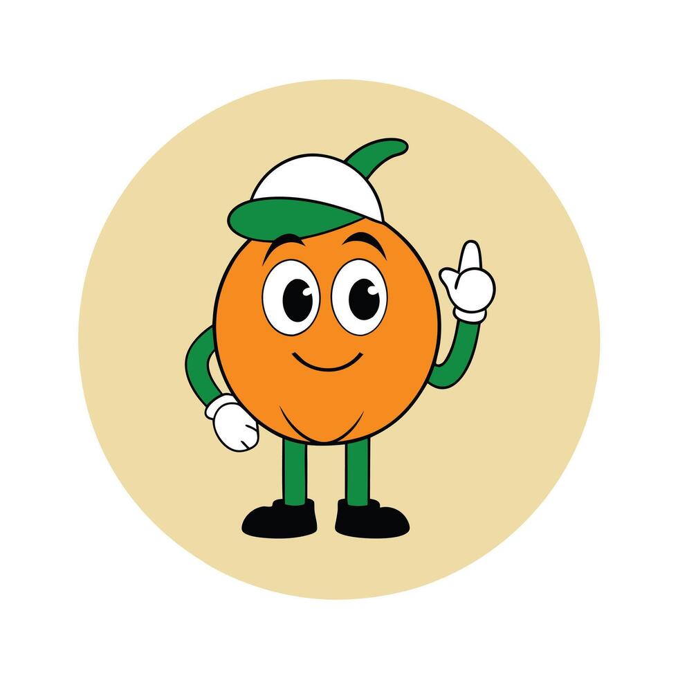 Cute Citrus Cartoon Character in Baseball Cap Pointing Up On Light Yellow Backdrop vector