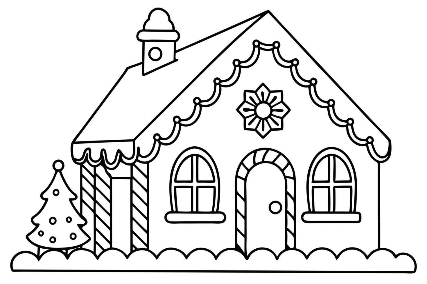 Line Art Gingerbread House with Christmas Tree and Windows on White Background vector