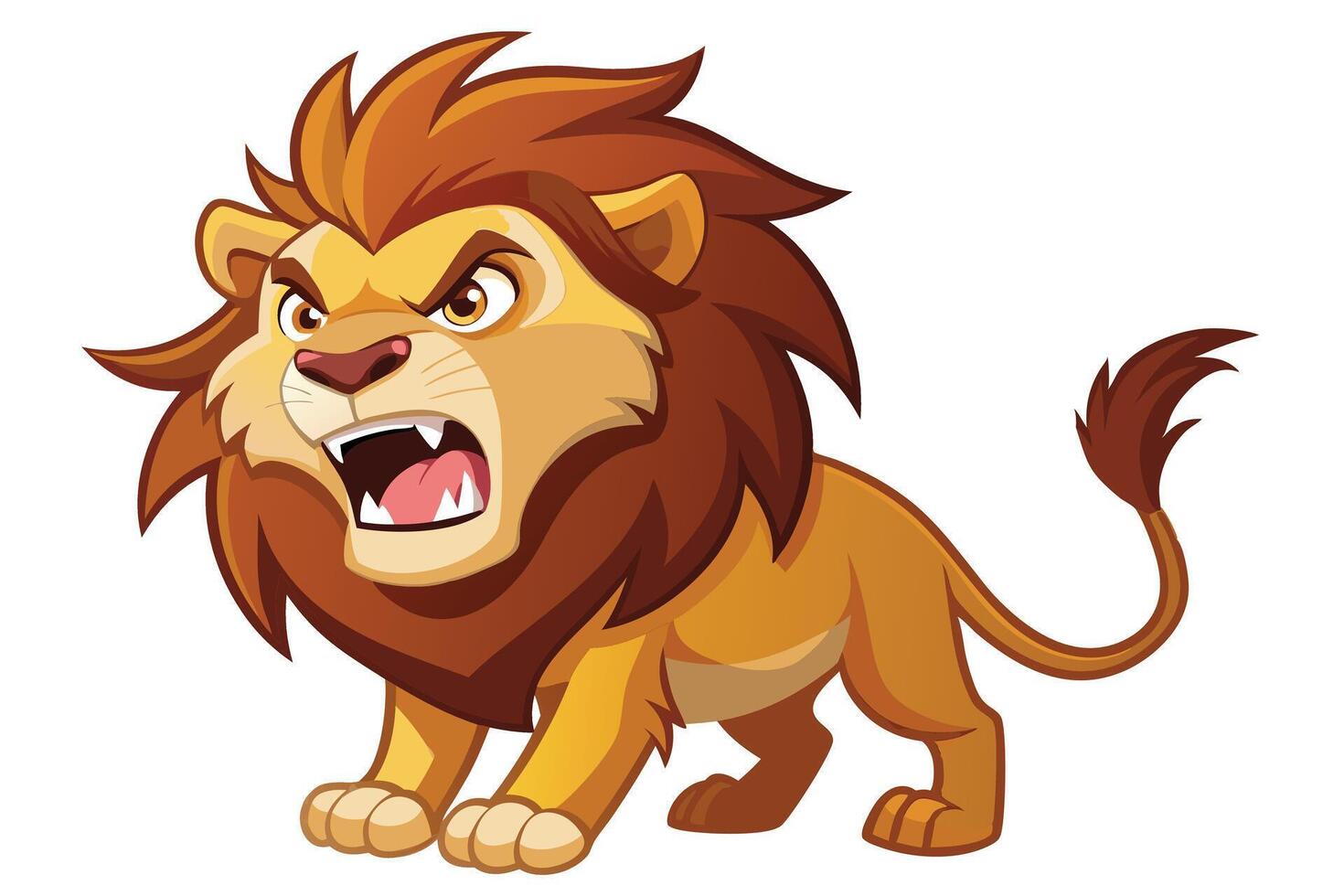 Roaring Lion Cartoon with Angry Expression and Detailed Mane on White Background vector