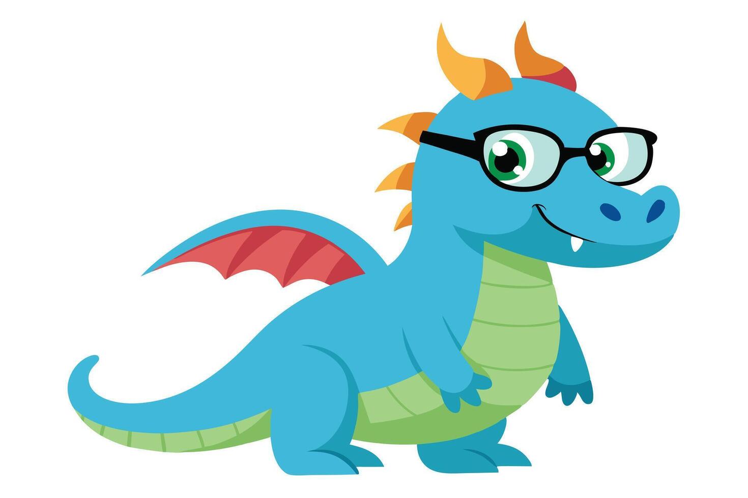 Smiling Blue Dragon Cartoon Character Wearing Glasses with Orange Horns on White vector