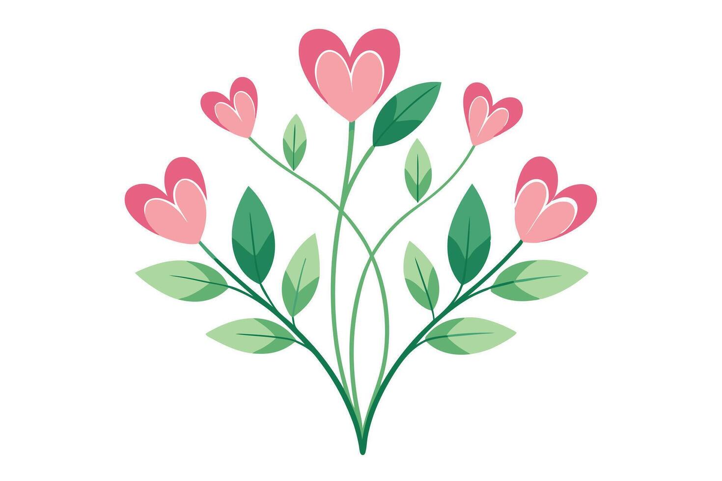 Pink Heart Blossom with Green Leaves on a White Background vector