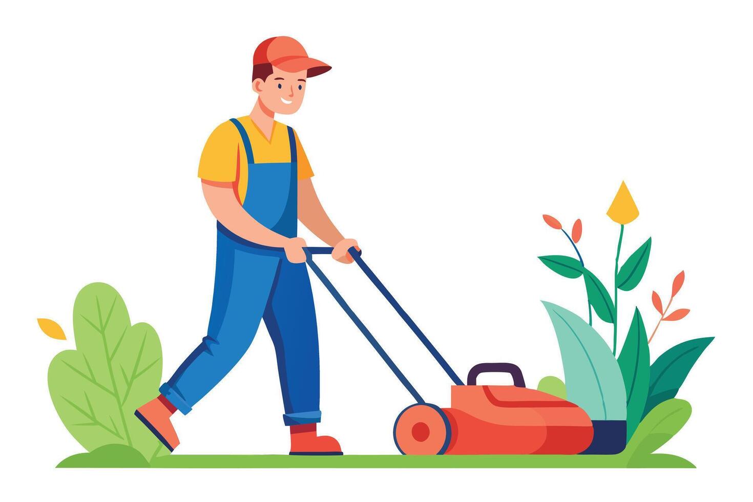 Flat Cartoon of Caucasian Man Mowing with Lawnmower on White Background vector