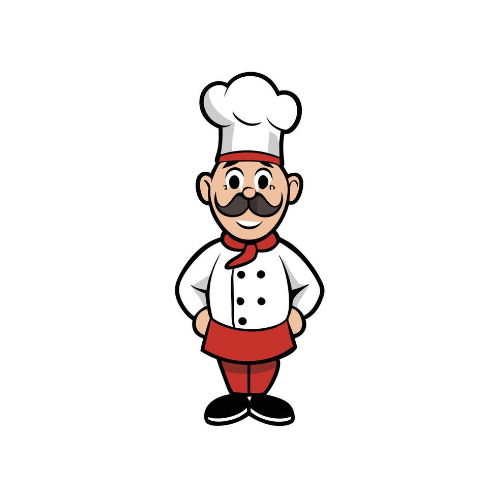 Cartoon Chef with Mustache, Red Apron, and White Background vector