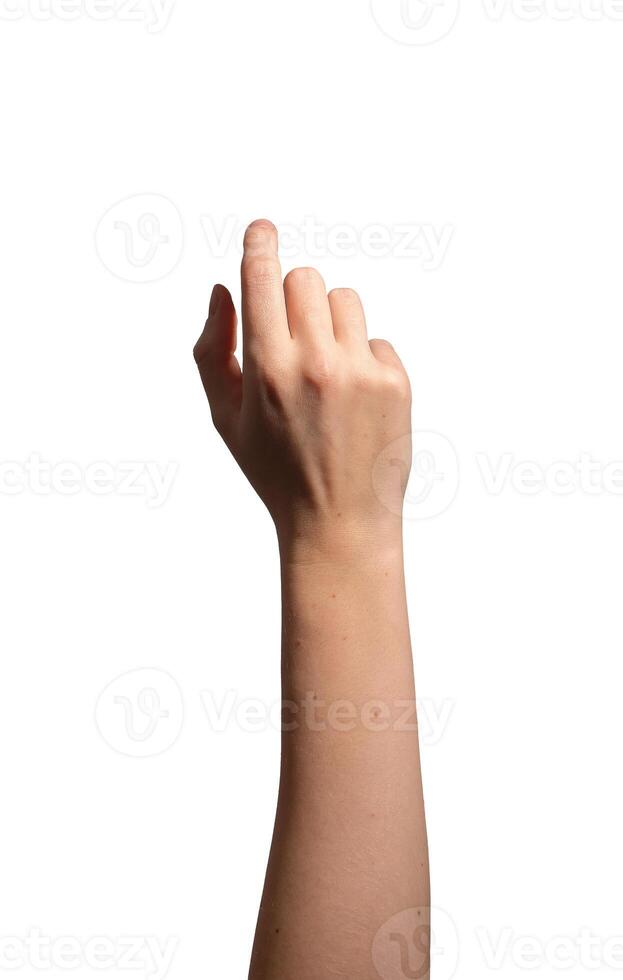 hand with index finger slightly bent, making a pressing or selecting gesture. Thumb positioned photo