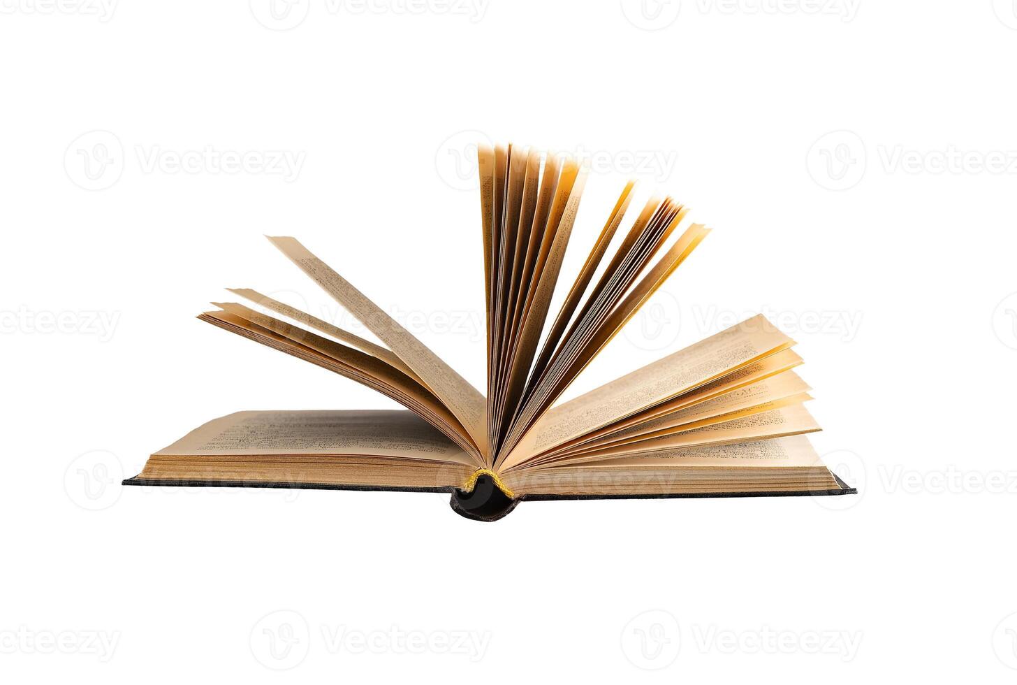 Open book, pages flipping, on white background. Vintage hardcover, worn edges, representing photo