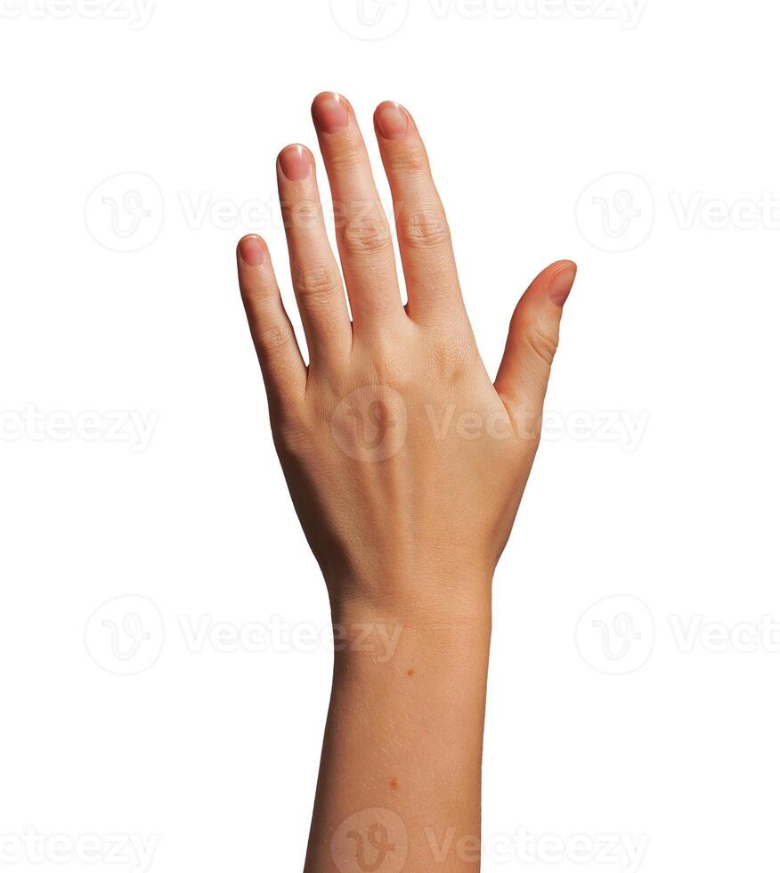 Hand raised in greeting, fingers open, waving with suntan visible on wrist and arm. Sign of photo