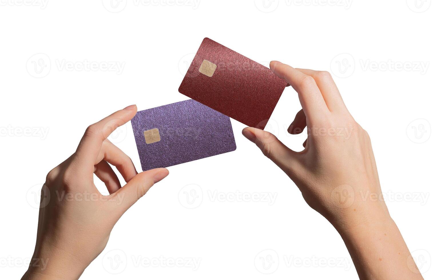 Woman holding two credit cards in hand, showcasing choice between banking options. Abstract design photo