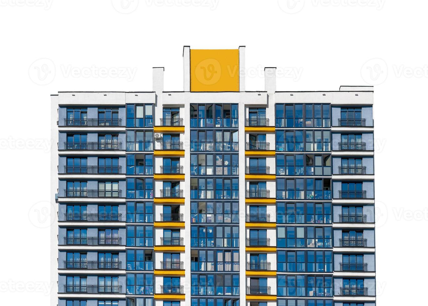 Modern multistory residential building with concrete facade, balconies, and large windows. High-rise photo