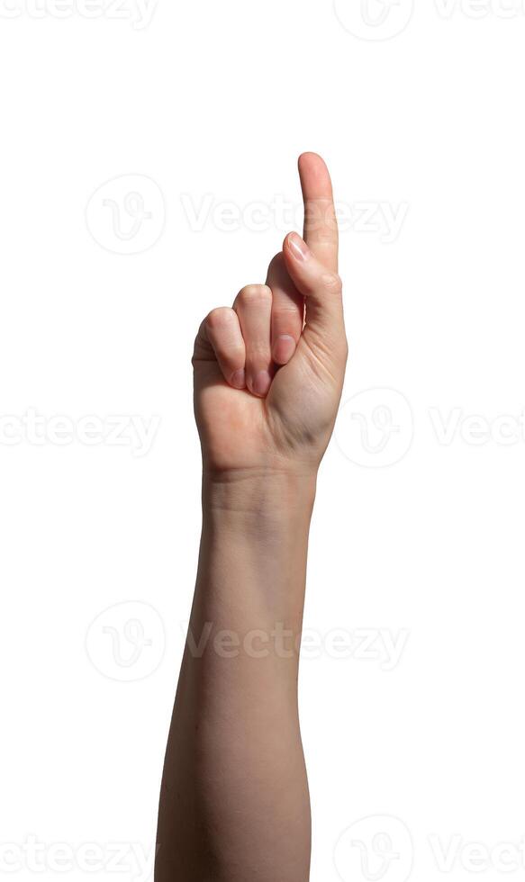 Female hand with an extended index finger pointing upward, symbolizing indication, selection, or photo