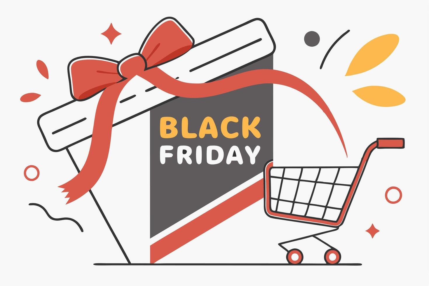 Illustrated Black Friday Theme with Gift Box, Ribbon Bow, and Shopping Cart Design vector