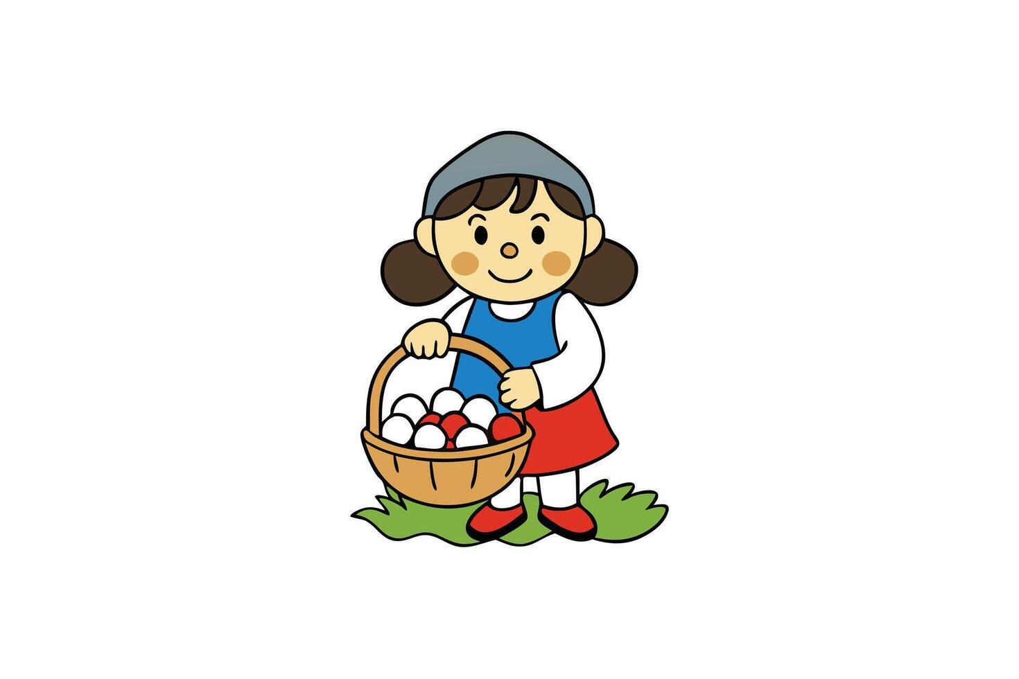 Cartoon Girl Holding Basket with Colorful Eggs on Green Grass and White Background vector