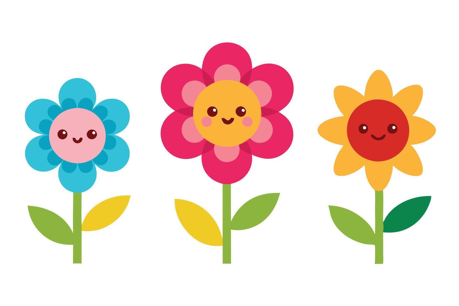 Cute Smiling Flowers with Stem and Leaves on White Background vector