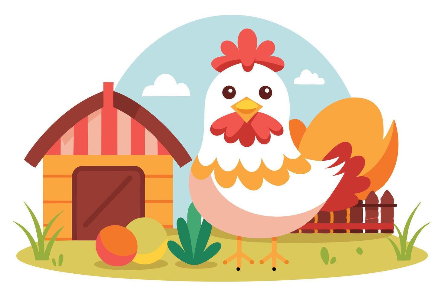 Charming Cartoon Rooster with Farmhouse Backdrop Under Blue Sky vector