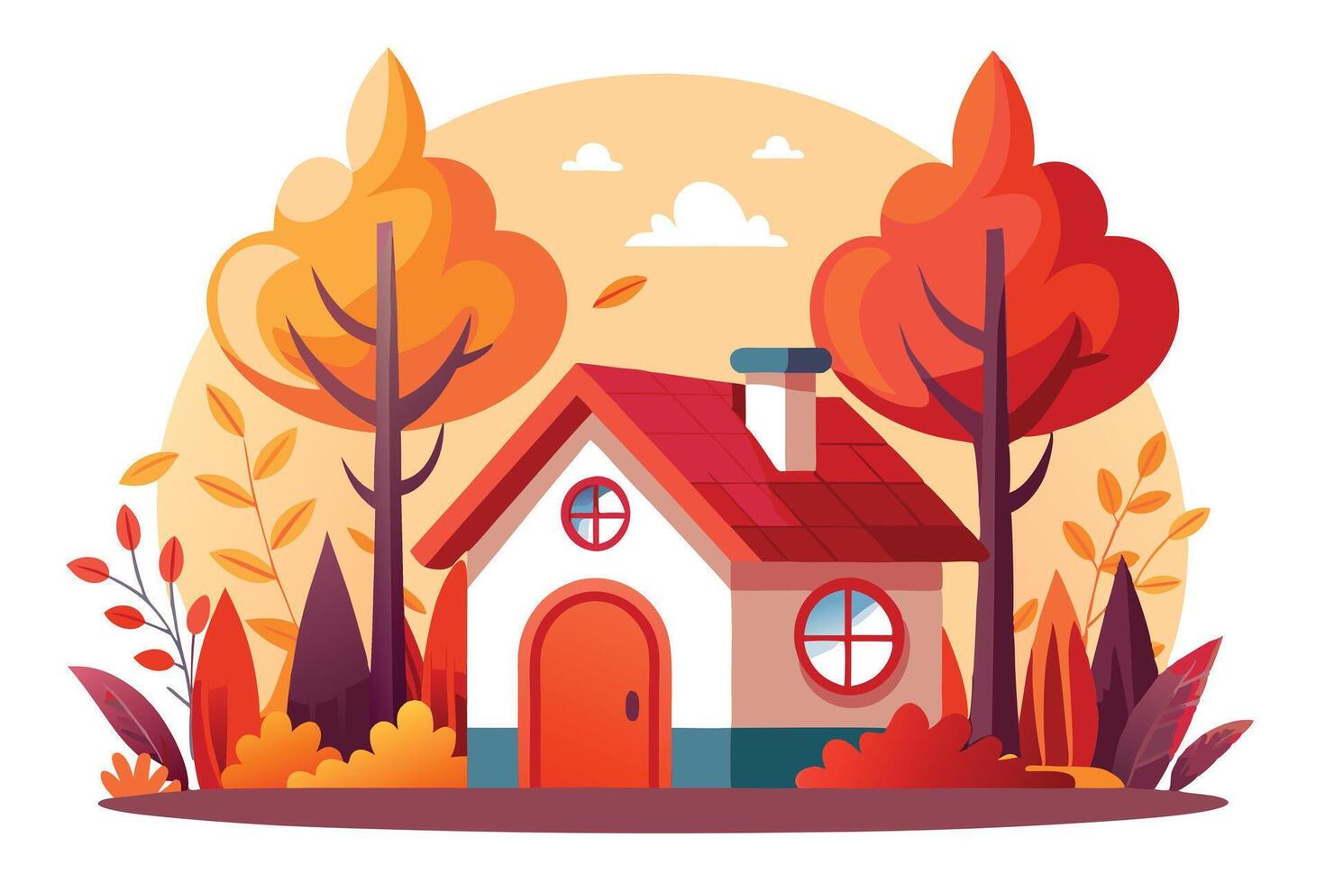 Stylized Home with Red Roof, Autumnal Trees, Bush and Leaves on White Background vector
