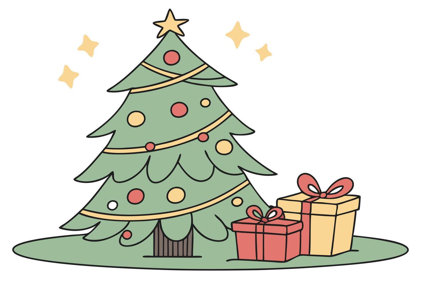 Cartoon Christmas Tree with Ornaments, Star, and Two Cute Presents with Bows on Ground vector