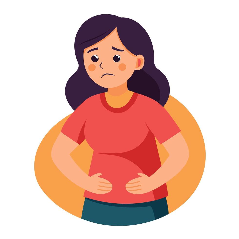 Cartoon Woman with Stomach Ache, Abdominal Pain, and Discomfort on White vector