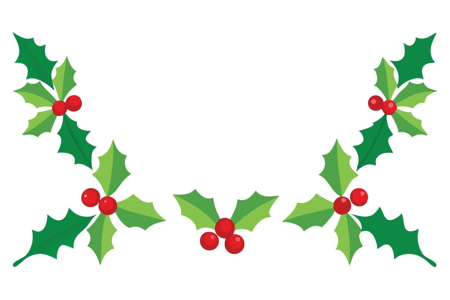 Holly Berries and Green Leaves Symmetrical Border on White Background vector