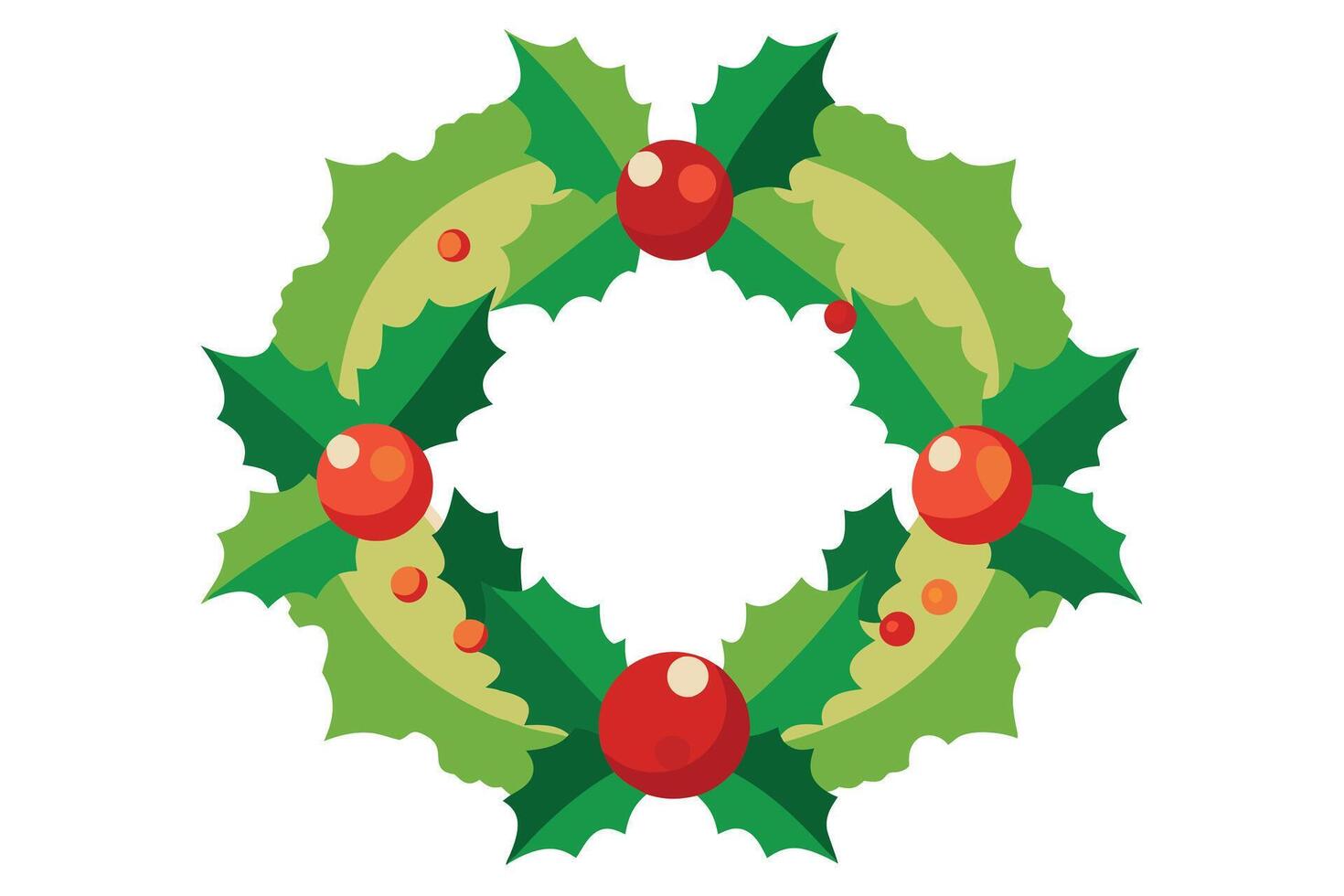 Festive Holly Berry Wreath, Evergreen Leaves with Red Berries on White Background vector