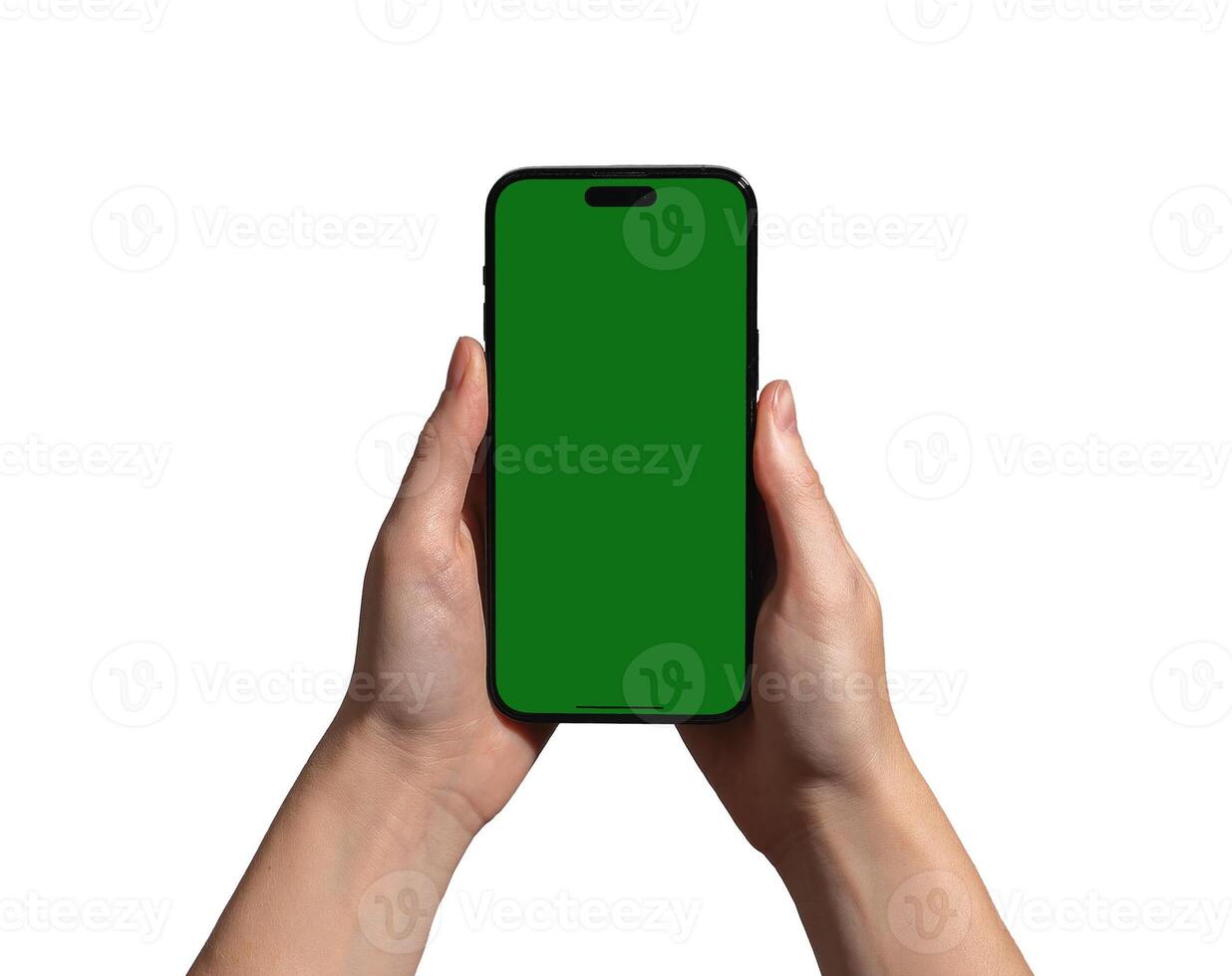 Hand holding a smartphone with a blank green chromakey screen, ideal for app mockup, promotion, and photo