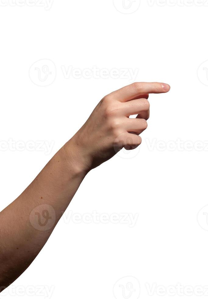 Female hand with a slightly curled index finger making a precise pointing or selecting gesture. photo