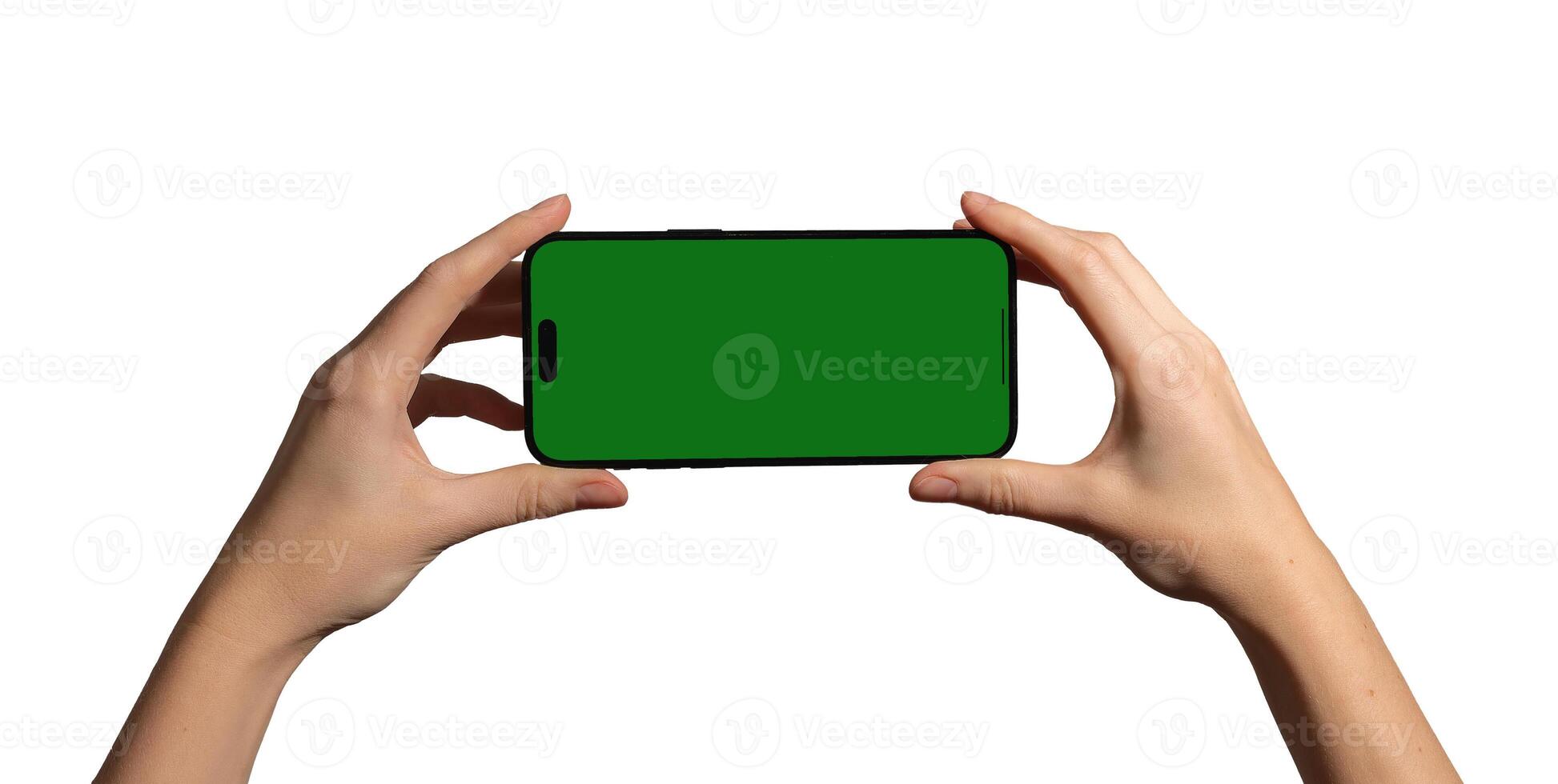 Hand holding a smartphone horizontally with a blank green chromakey screen, perfect for , photo