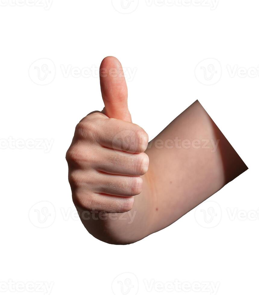 Hand making a thumbs-up gesture, symbolizing approval, recommendation, and positivity. Caucasian photo