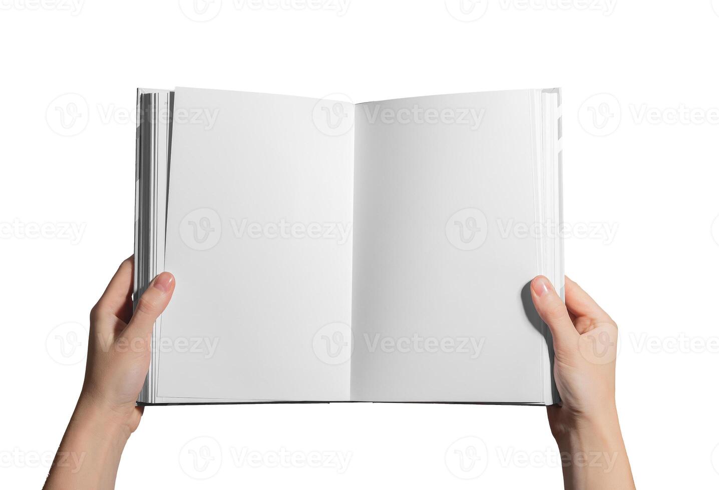 Open book held in hand, blank white pages. Textbook, journal, or novel with clean layout for study, photo