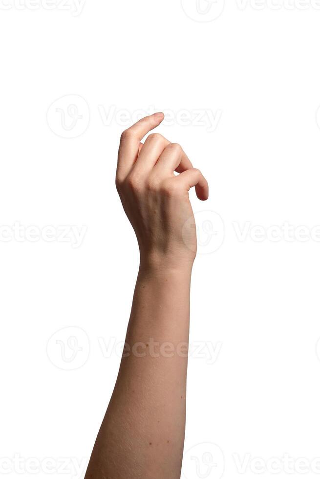 Hand with slightly curved index finger making a pressing or tapping gesture. Gesture symbolizing photo