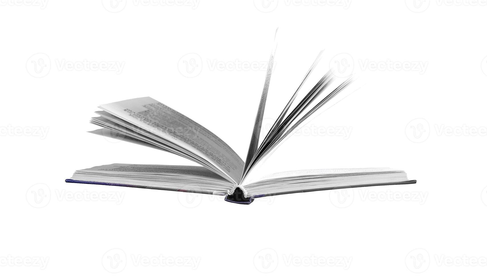 Open book, flipping pages on white background. Modern hardcover, yellowed pages symbolizing photo
