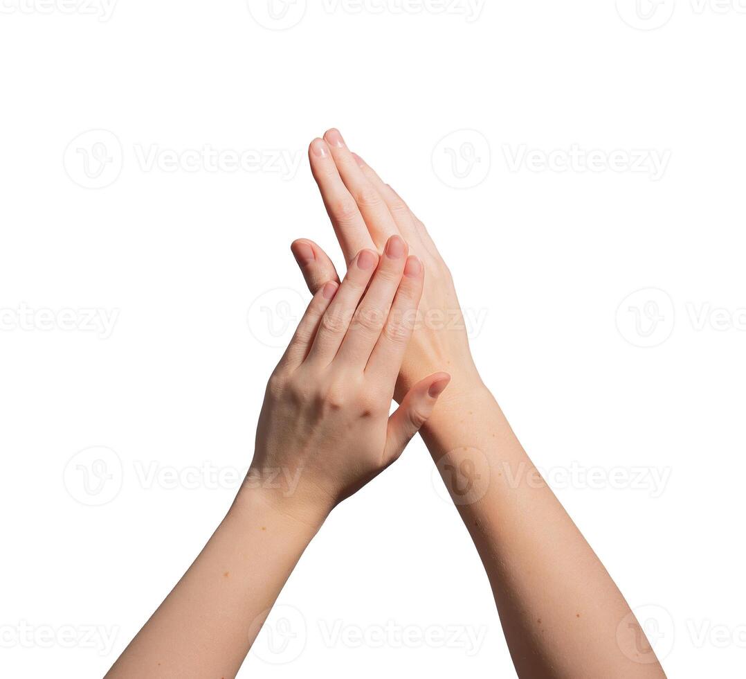 Hand with short, neat nails, demonstrating natural manicure care. Shiny, polished, and hygienic photo