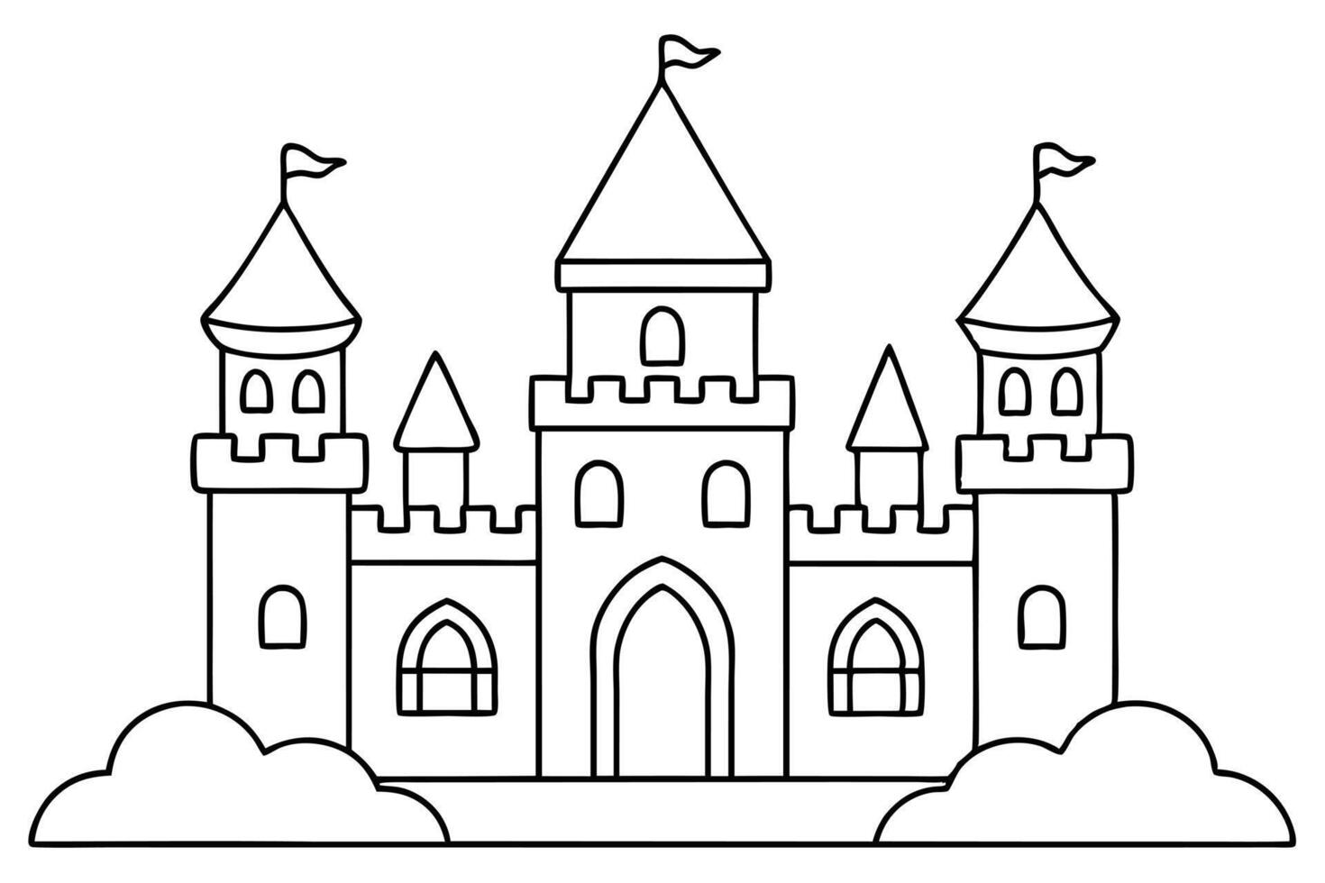 Outlined Castle Featuring Towers, Flags, and Decorative Clouds Design vector