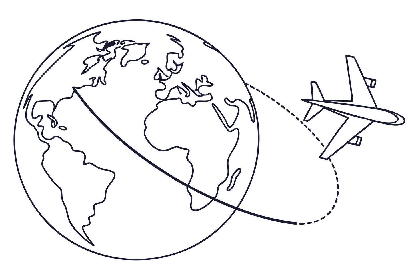 Plane Route Around Globe, Line Art, Simple, Outline, Isolated on White Background vector