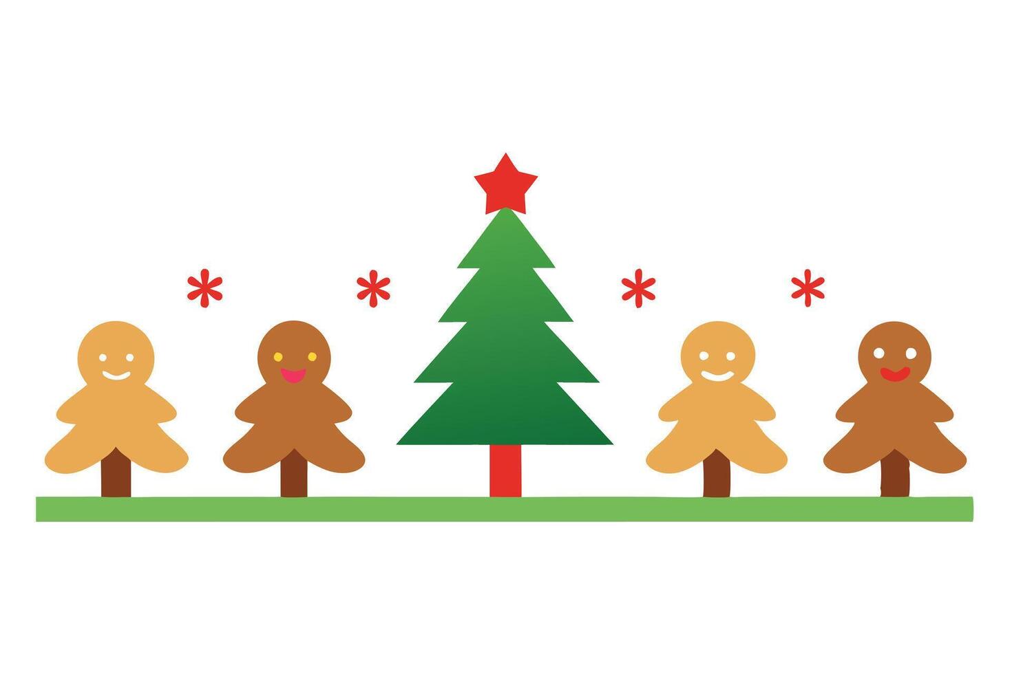 Gingerbread People with Christmas Tree and Snowflakes on White Background vector