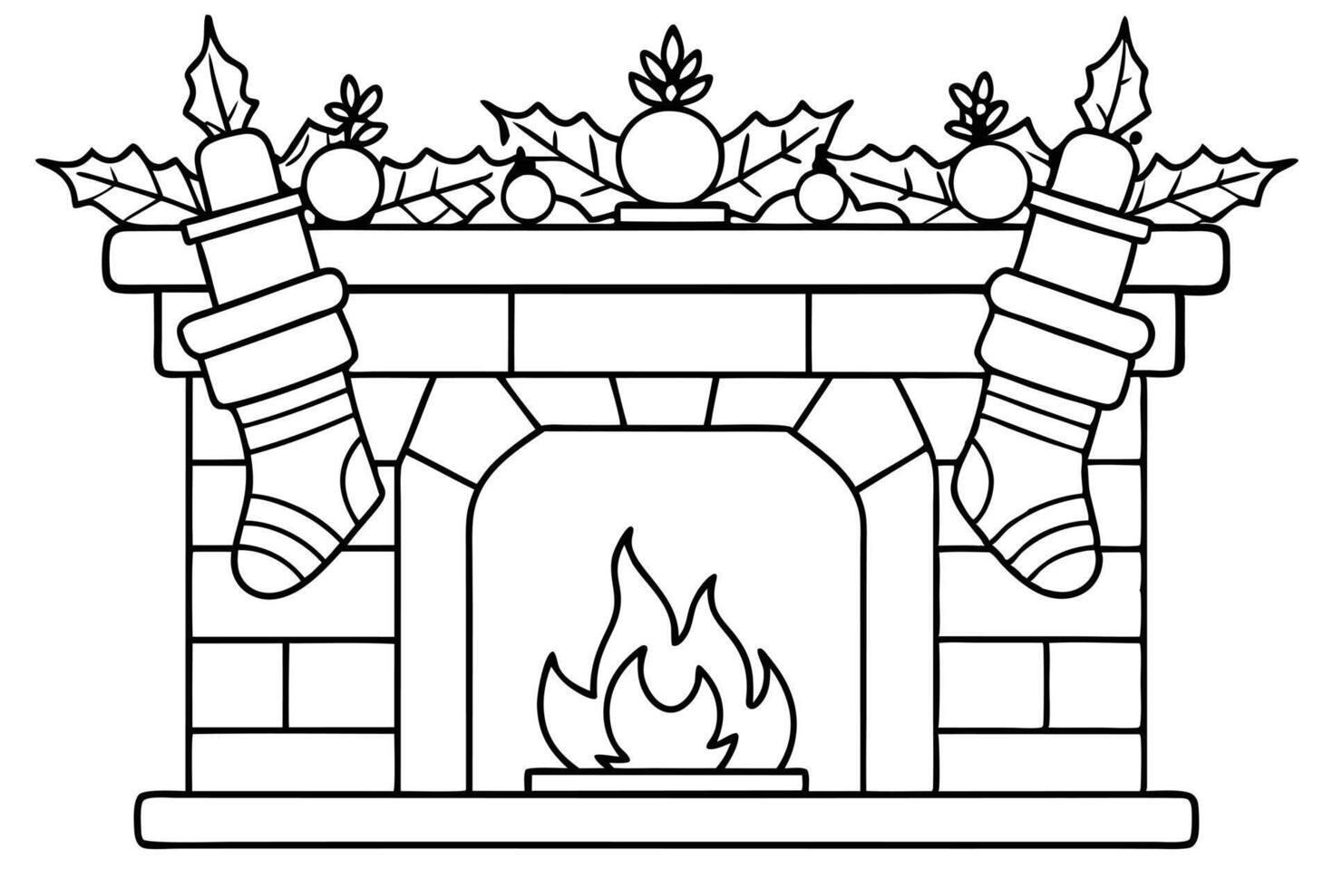 Outline Christmas Fireplace with Stockings, Holly, and Fire Isolated on White vector
