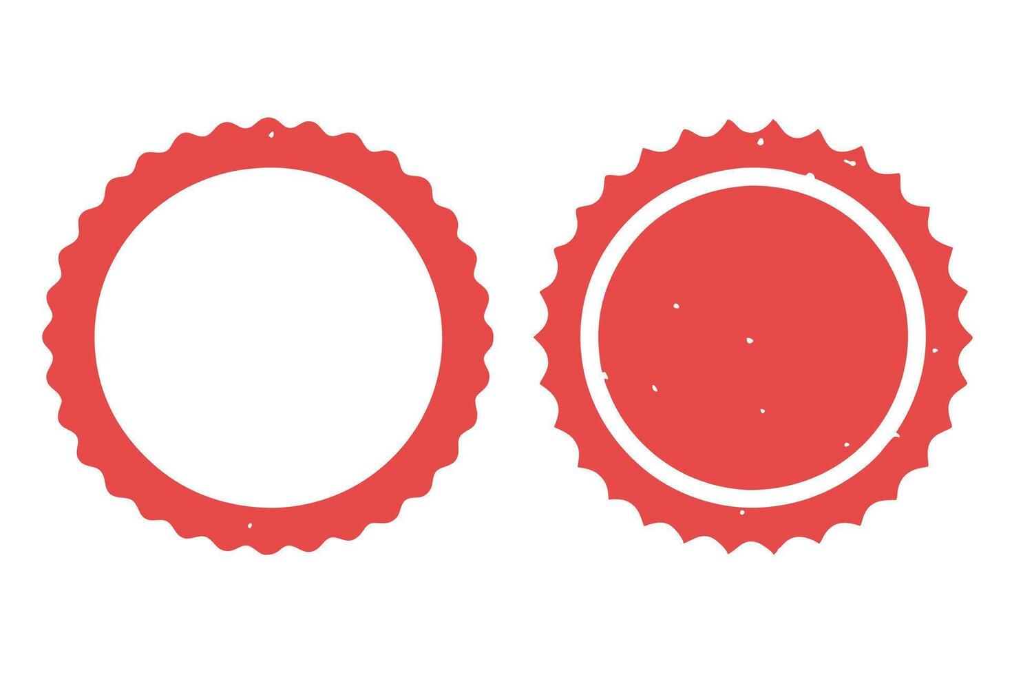 Two Red Round Badges with Scalloped Edges on a White Background Simple Design vector