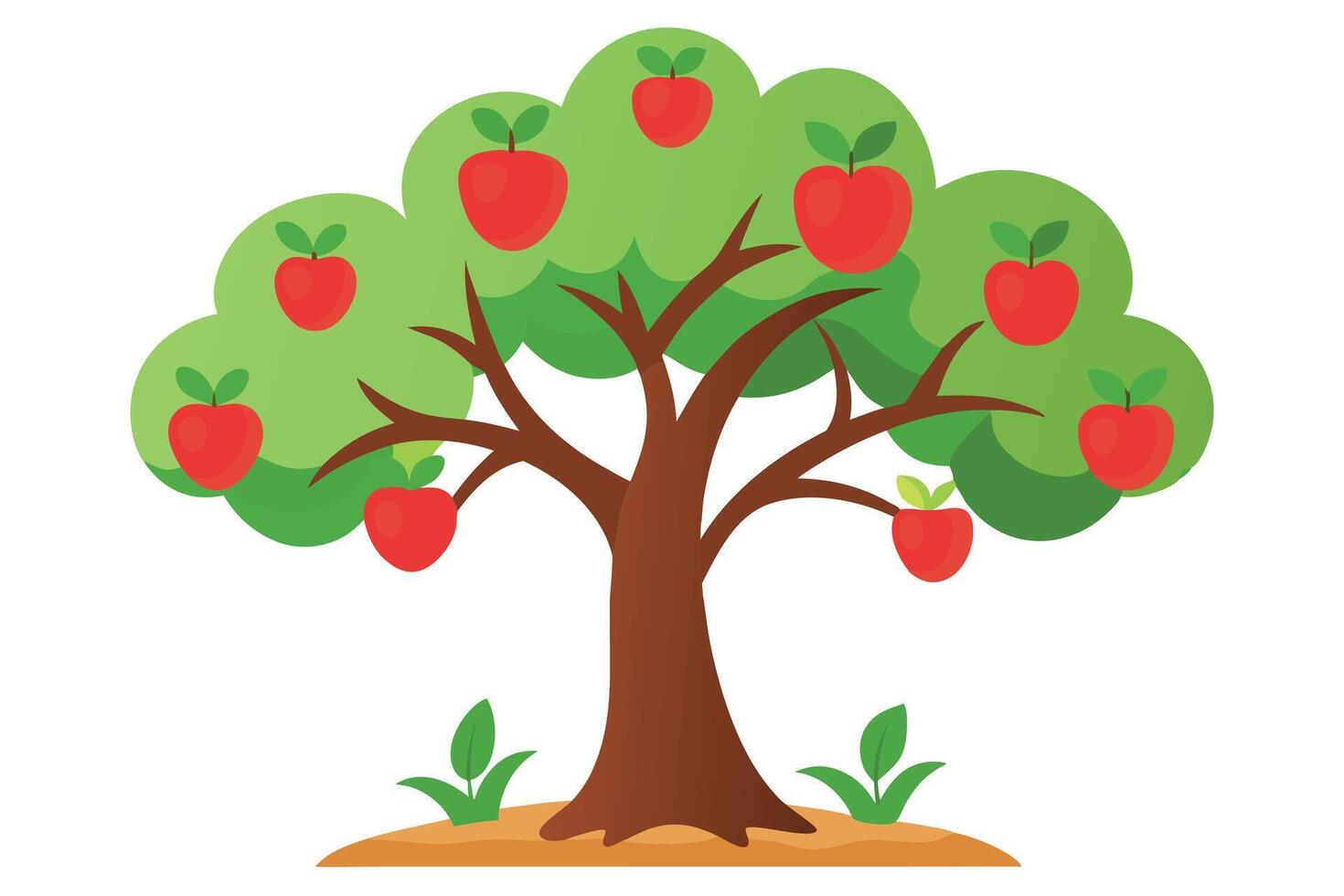 Cartoon Apple Tree with Ripe Red Fruit and Green Leaves on White vector