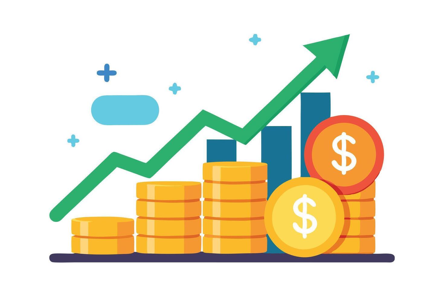 Rising Profit Chart with Gold Coins and Green Arrow in Flat Style on White vector