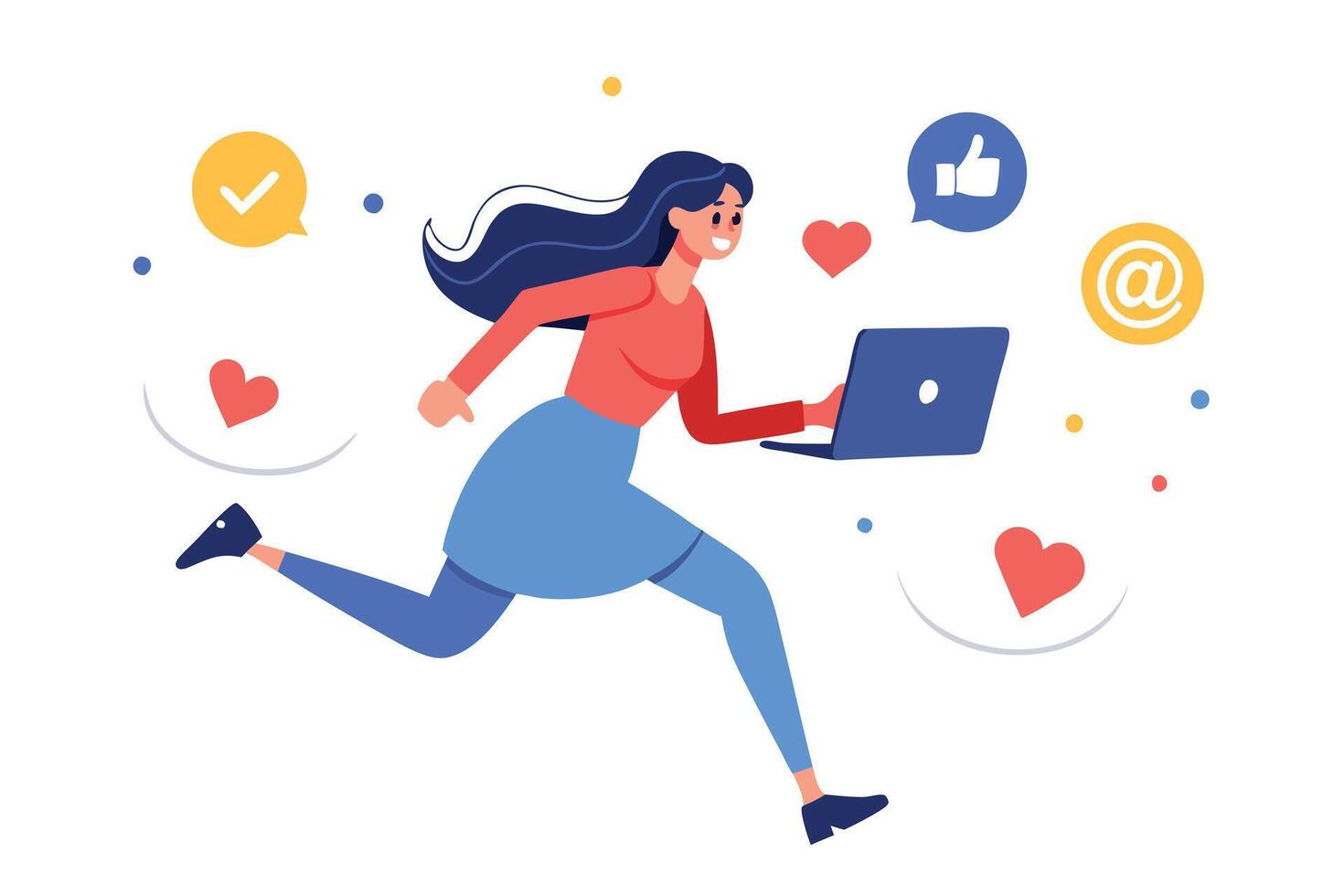 Animated Brunette Woman Running with Laptop with Social Media Icons on White vector