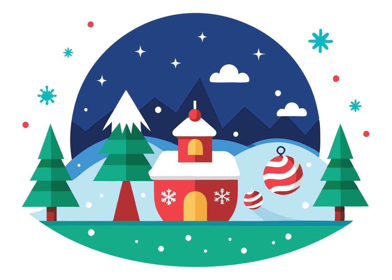 Cartoon Red House with Snowflakes, Green Trees and Christmas Ornaments vector