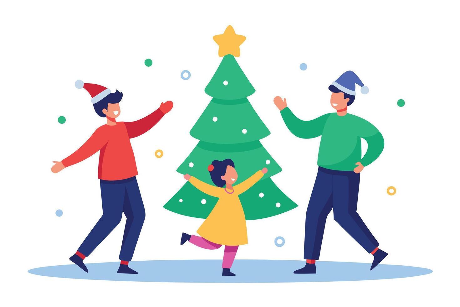 Family Fun Around Christmas Tree with Festive Hats on a White Background vector