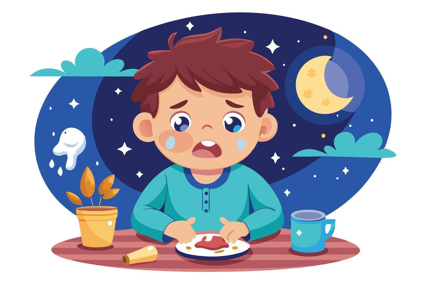 Sad Boy Eating Late Night Snack Under Moonlight Cartoon Style vector
