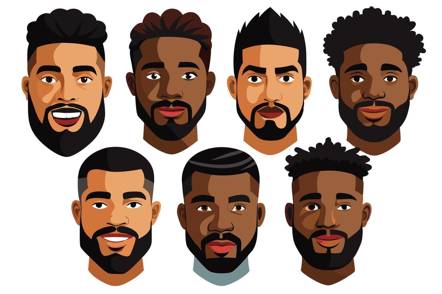 Diverse African American Men Heads, Cartoon Face Set, Beard and Mustache, White Background vector