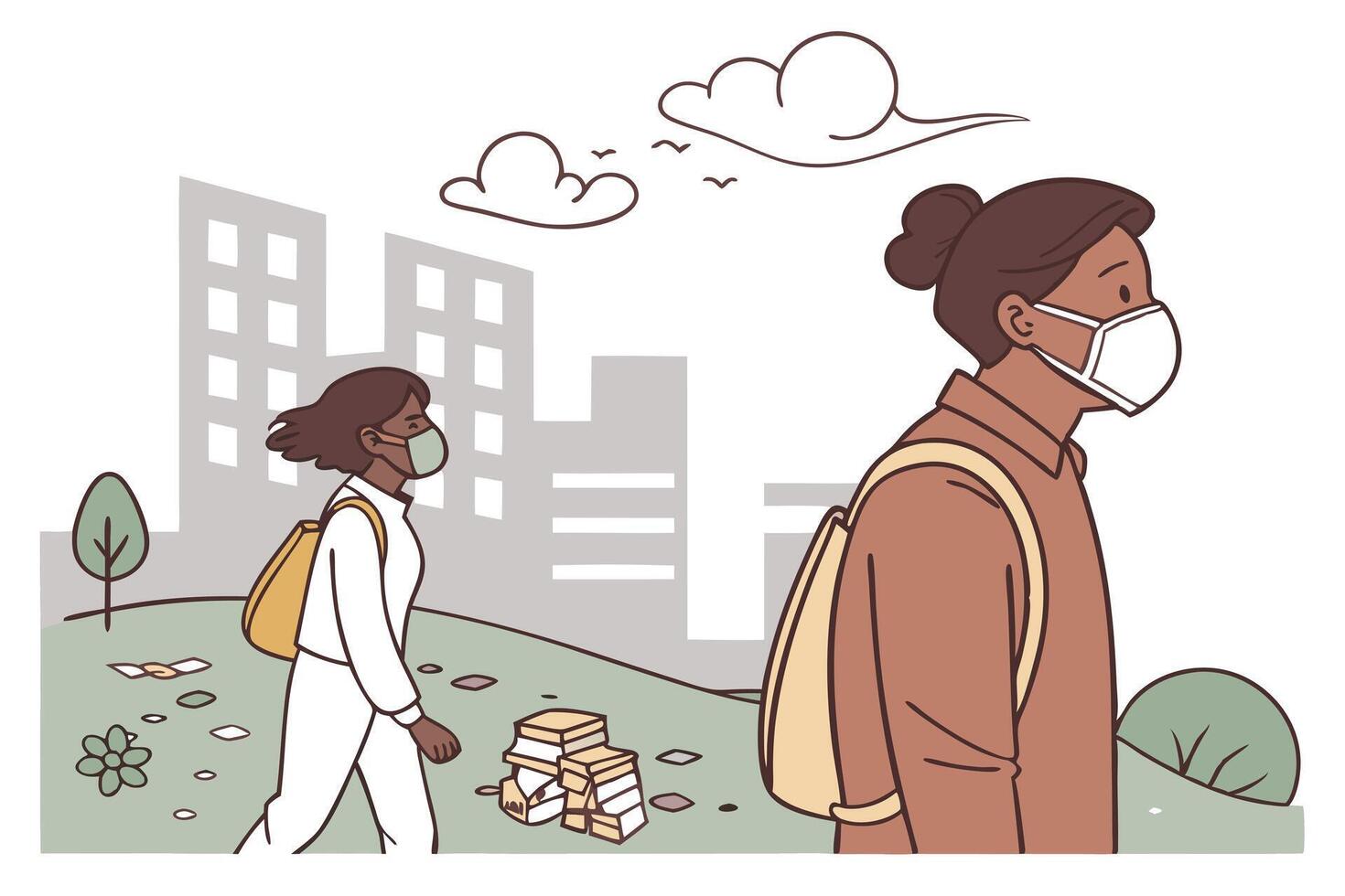Two Stylized African Women Walking with Backpacks and Wearing Masks City Backdrop vector