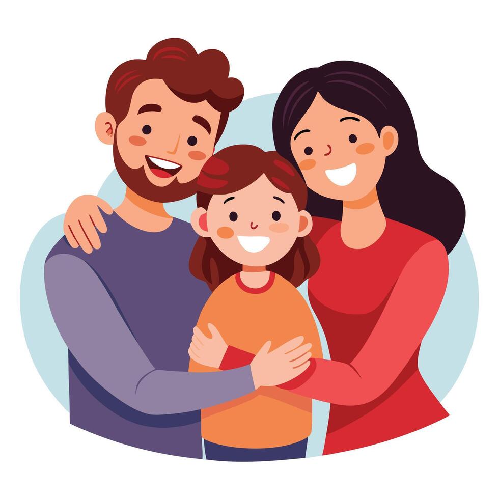 Cartoon style, Happy family portrait with mom, dad and daughter hugging cheerfully vector