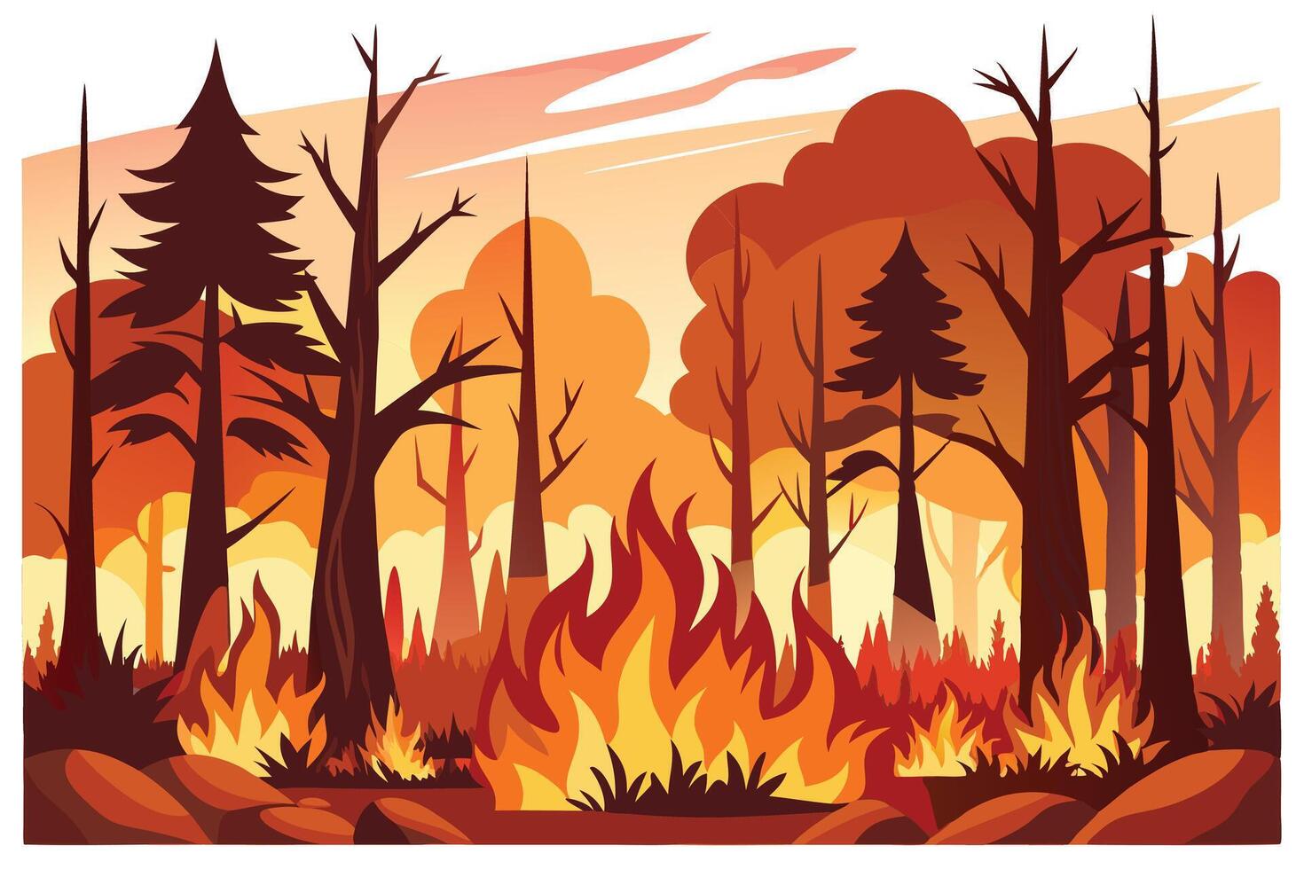 Forest Fire Cartoon Landscape with Flames, Trees and Fiery Orange Sky vector