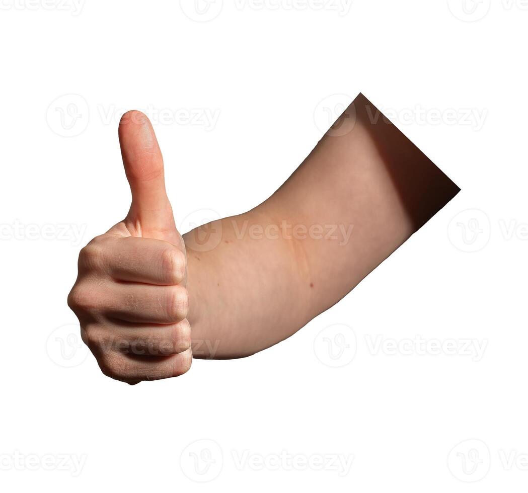Hand showing thumbs-up gesture, symbolizing approval, positivity, and success. Caucasian female photo