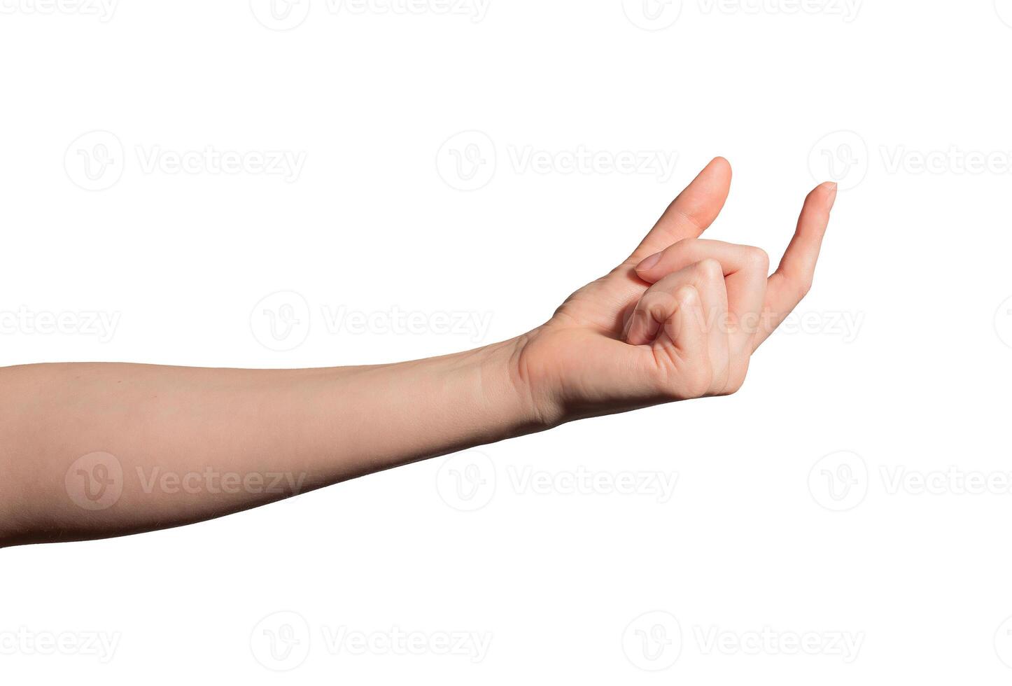 Hand grasping an invisible object between thumb and index finger. Gesture showing grip, motion, and photo