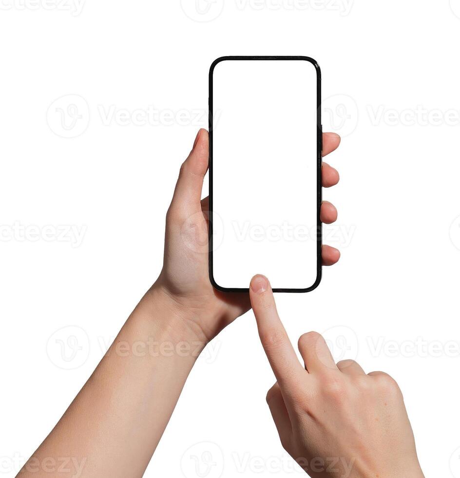Hand holding a smartphone with a blank screen, index finger tapping to capture or interact. Ideal photo