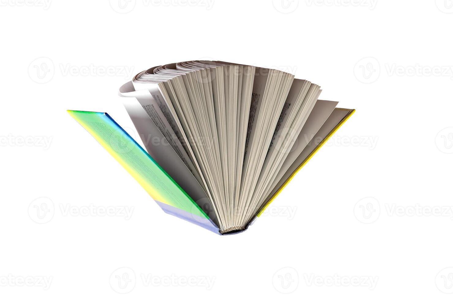 Open book with fanned pages, hardcover, on white background. Concept of knowledge, education, and photo
