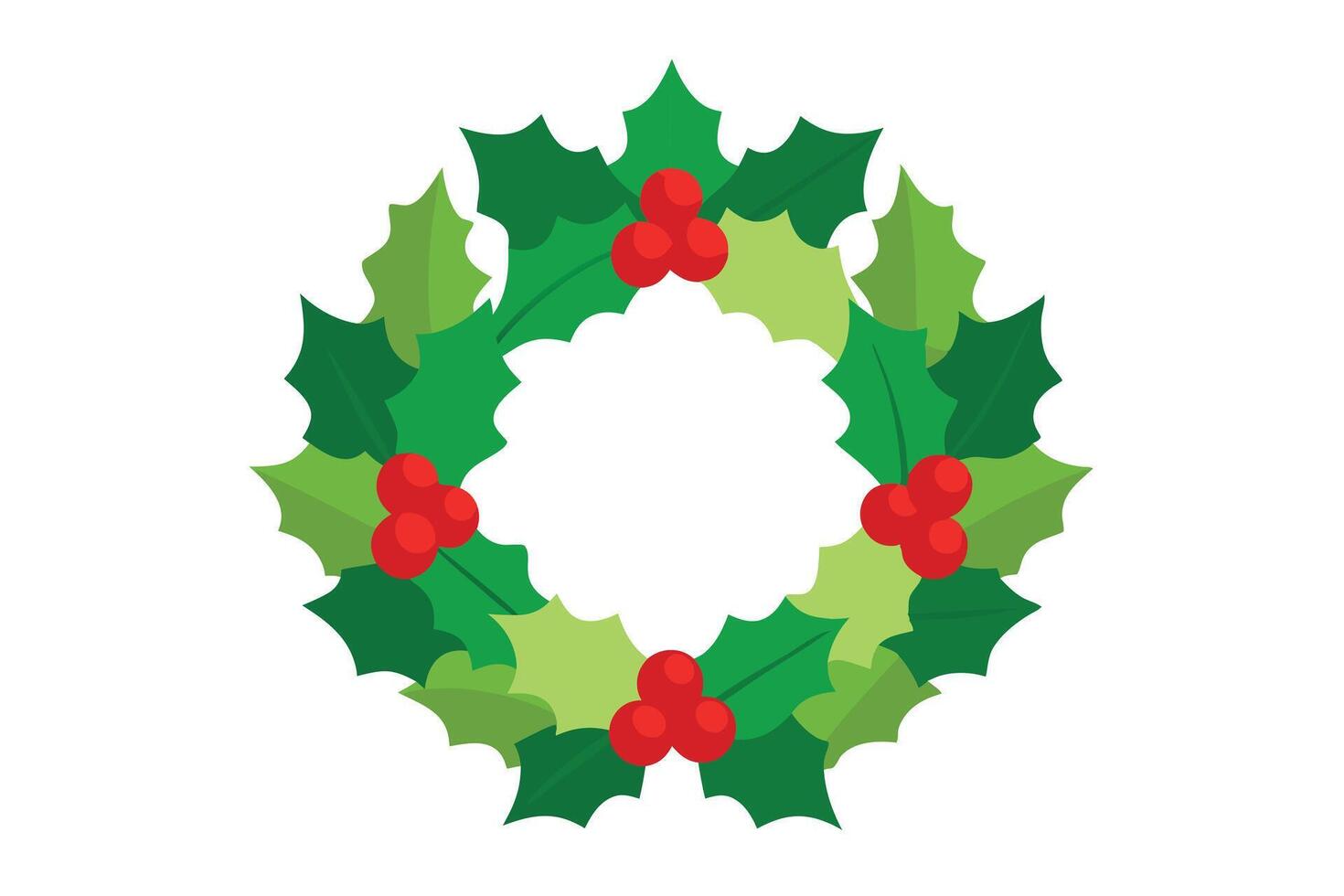 Flat Holly Wreath With Red Berries And Green Leaves On White Background vector